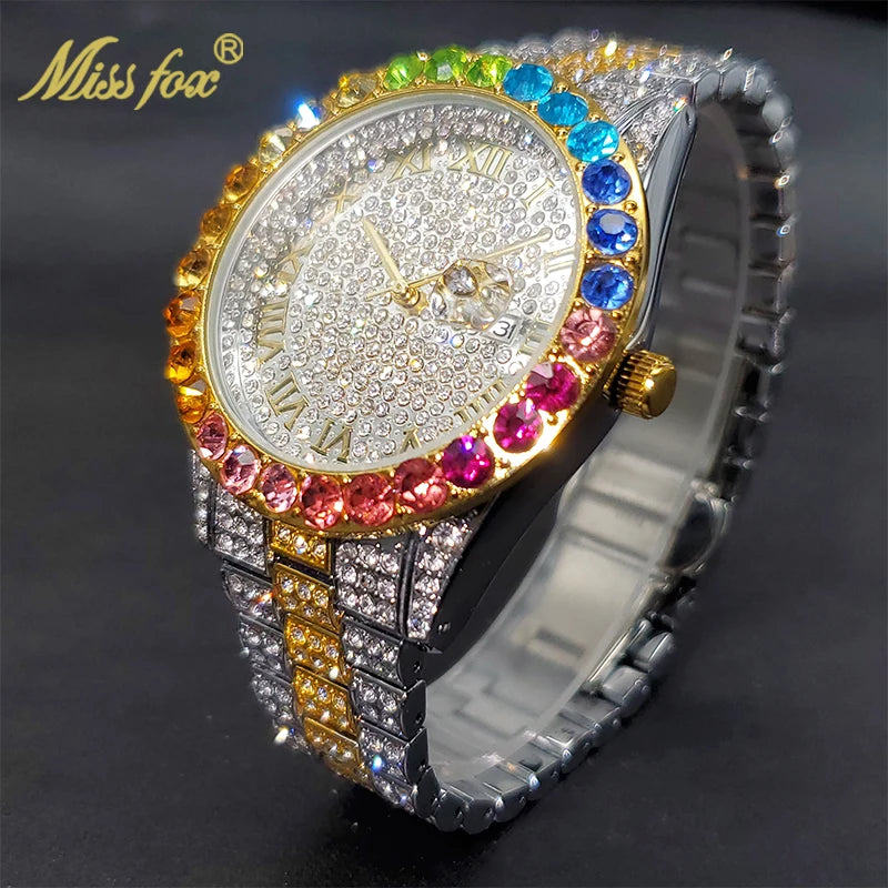 Montre Homme Luxe Grande Marque MISSFOX 18k Gold Diamond Watch For Men Stylish Geneva Unisex Timepieces Waterproof Wholesale