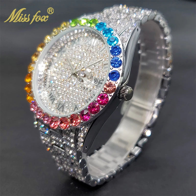 Montre Homme Luxe Grande Marque MISSFOX 18k Gold Diamond Watch For Men Stylish Geneva Unisex Timepieces Waterproof Wholesale