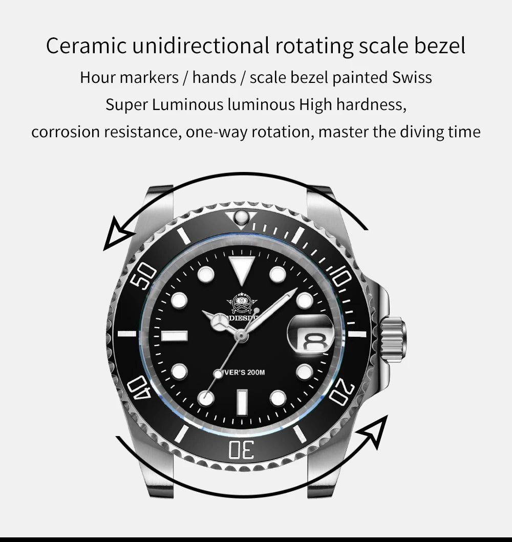 ADDIESDIVE Classic Men's Business and Leisure Quartz Watch 200m Waterproof 316L Stainless Steel Sports Night Light Diving Watch