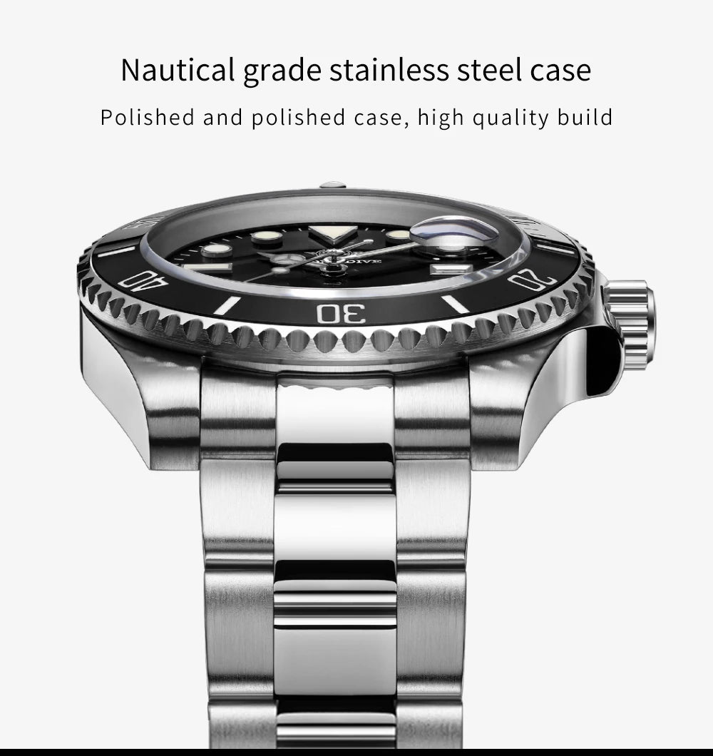 ADDIESDIVE Classic Men's Business and Leisure Quartz Watch 200m Waterproof 316L Stainless Steel Sports Night Light Diving Watch