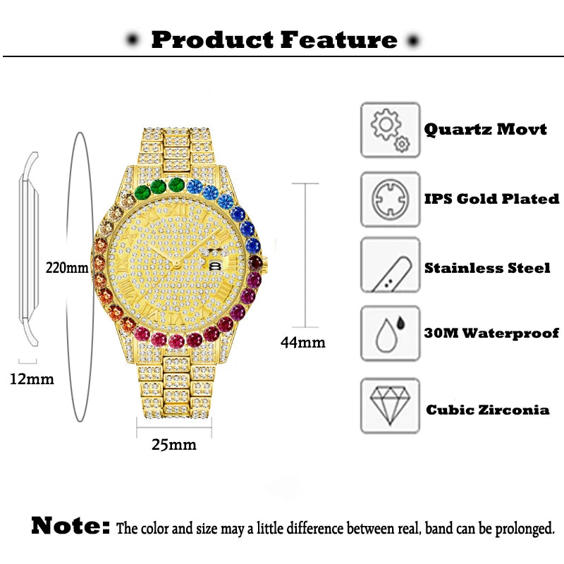 Montre Homme Luxe Grande Marque MISSFOX 18k Gold Diamond Watch For Men Stylish Geneva Unisex Timepieces Waterproof Wholesale