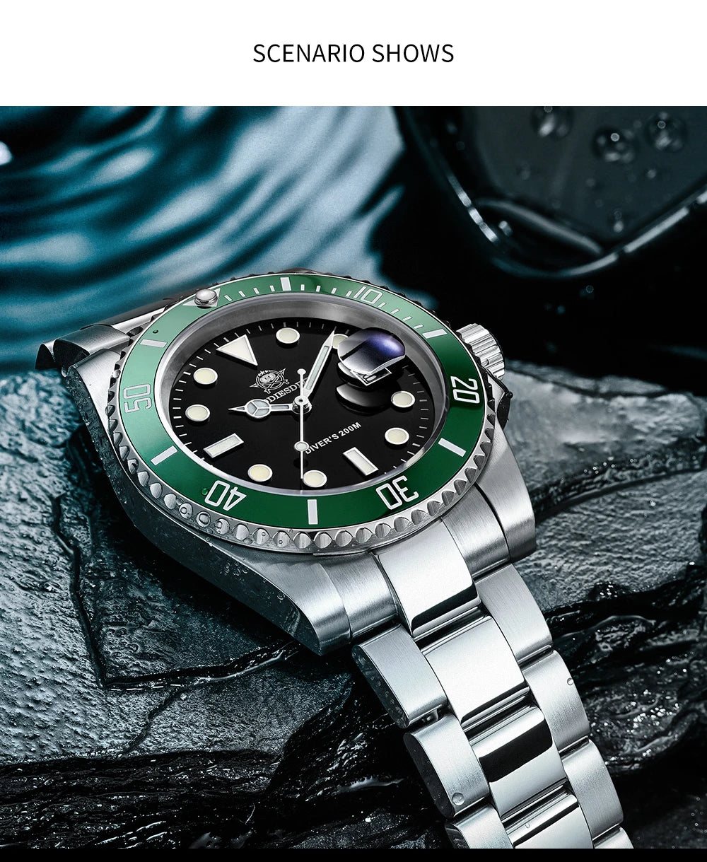 ADDIESDIVE Classic Men's Business and Leisure Quartz Watch 200m Waterproof 316L Stainless Steel Sports Night Light Diving Watch