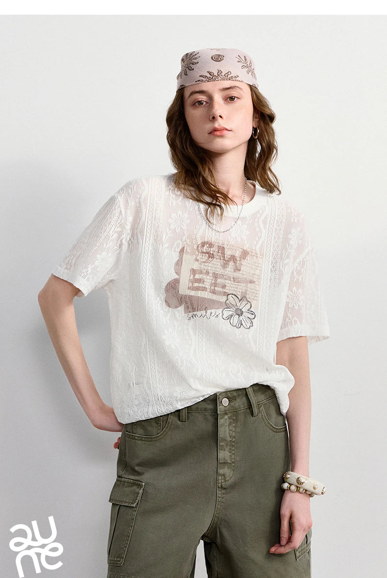 TOYOUTH Women Lace Sheer T-Shirt 2026 Summer New Letter Flower Print Loose Drop Shoulder Fashion Pullover Tops