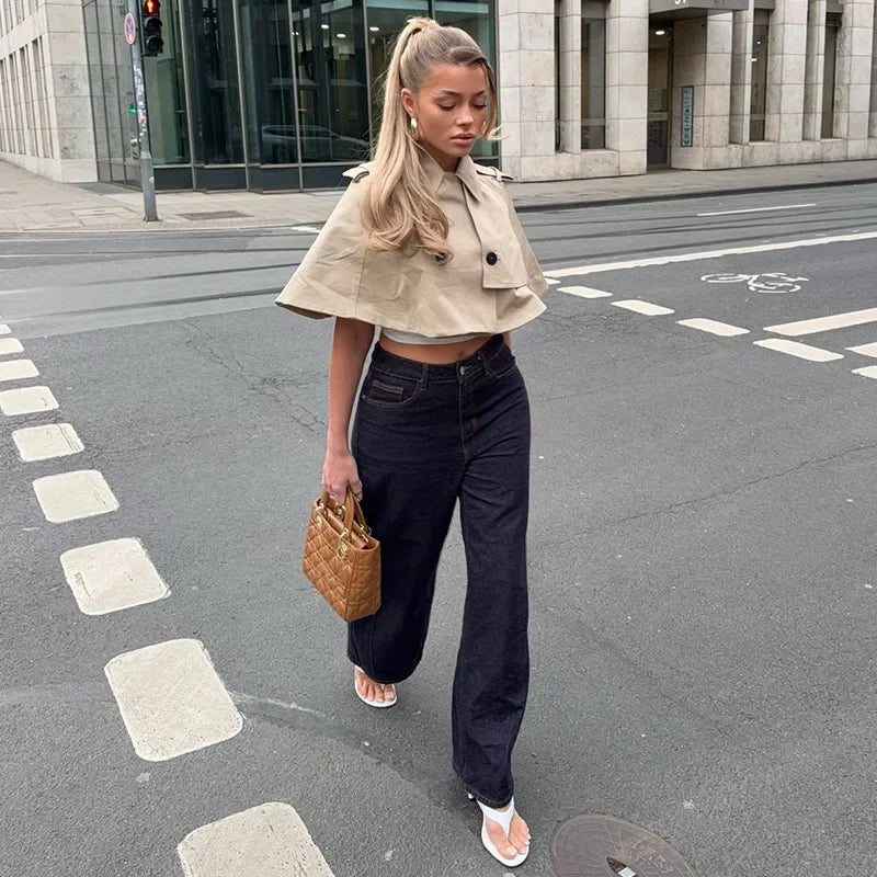 Casual Solid Women's Cope Turn-Down Collar Double Button Solid Lady Cloak 2026 Spring Summer Fashion Female Street Crop Tops New