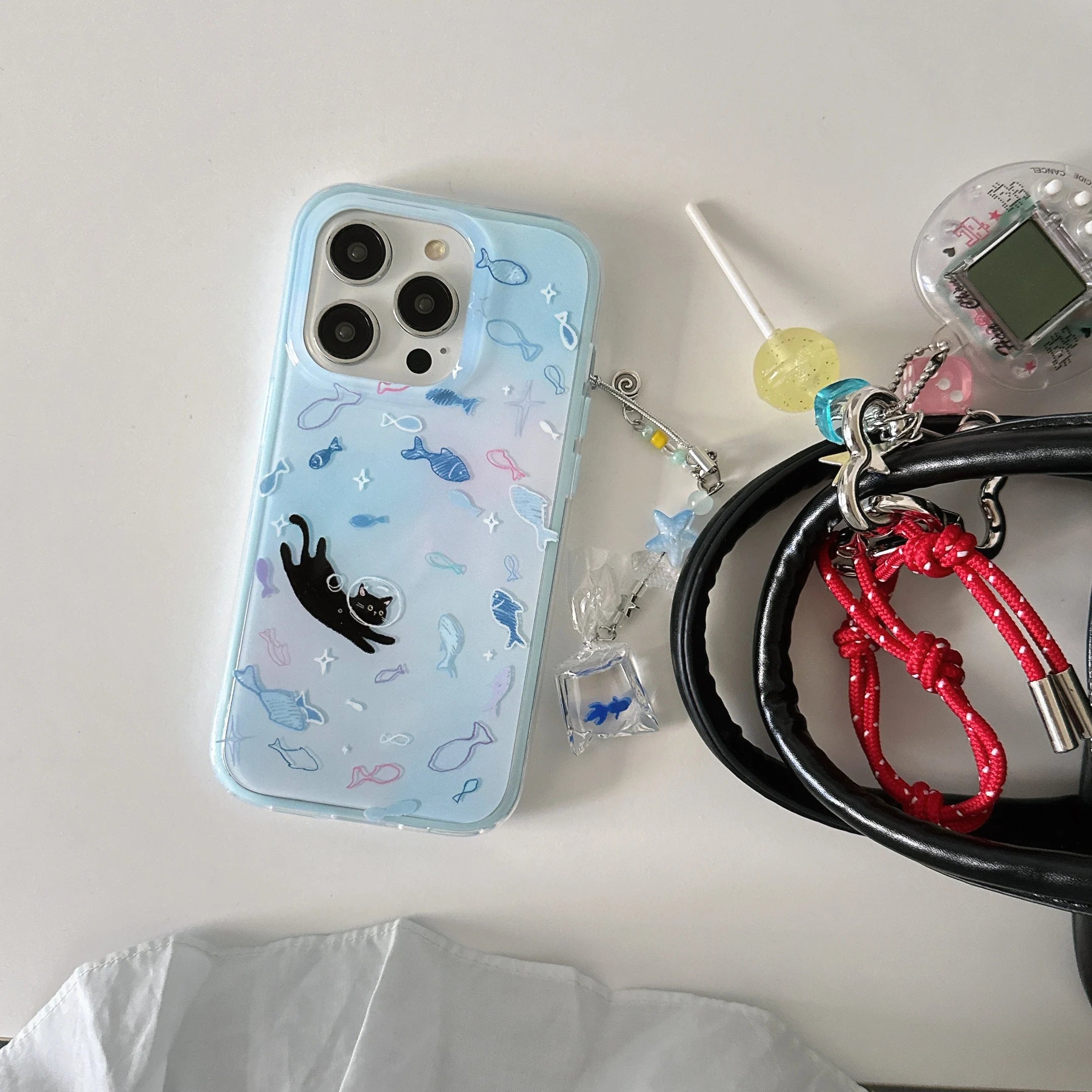Cute & Dreamy Gradient Blue Colorful Fish & Astronaut Cat Fish Dangle Phone Case for iPhone 17 16 15 14 13 Pro Max Back Cover