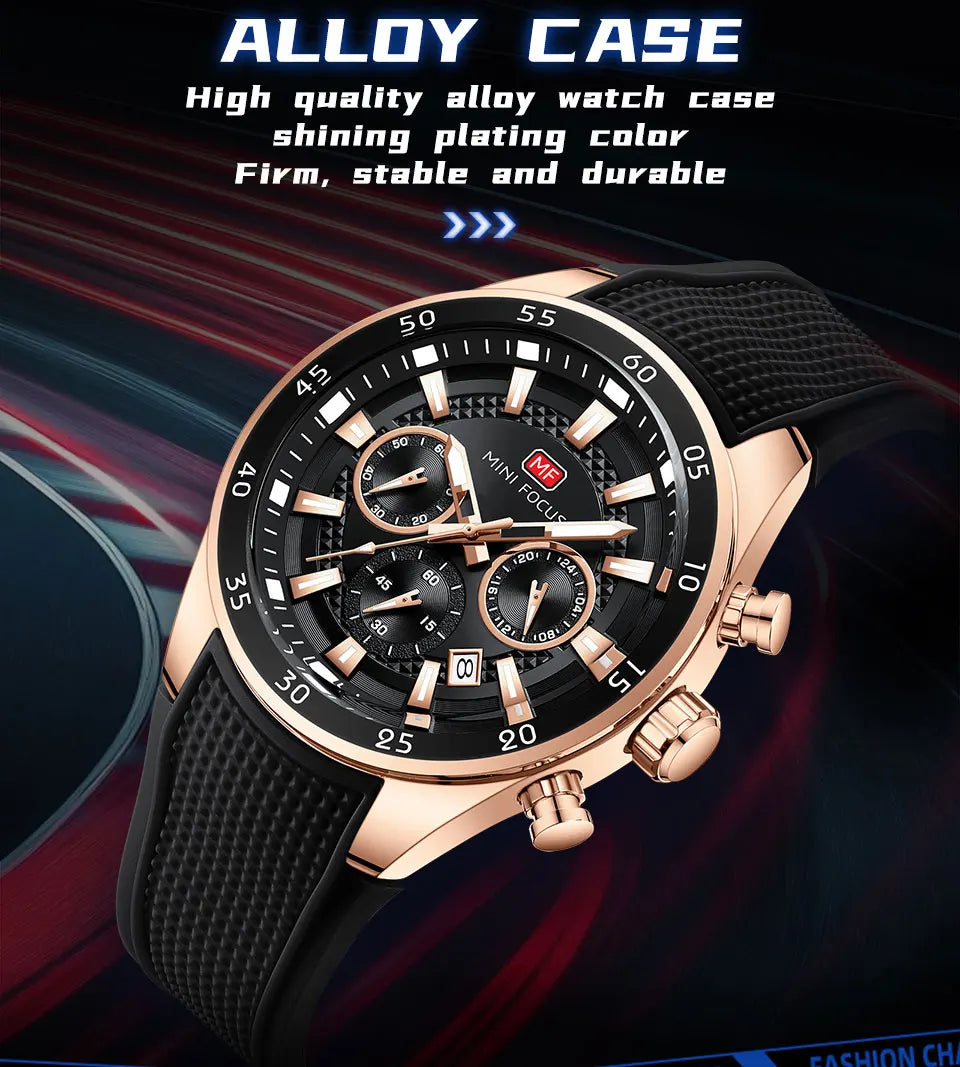MINI FOCUS Men's Quartz Watch Multifunctional Chronograph Luminous Waterproof Casual Sport Wristwatch with Silicone Strap 0627G