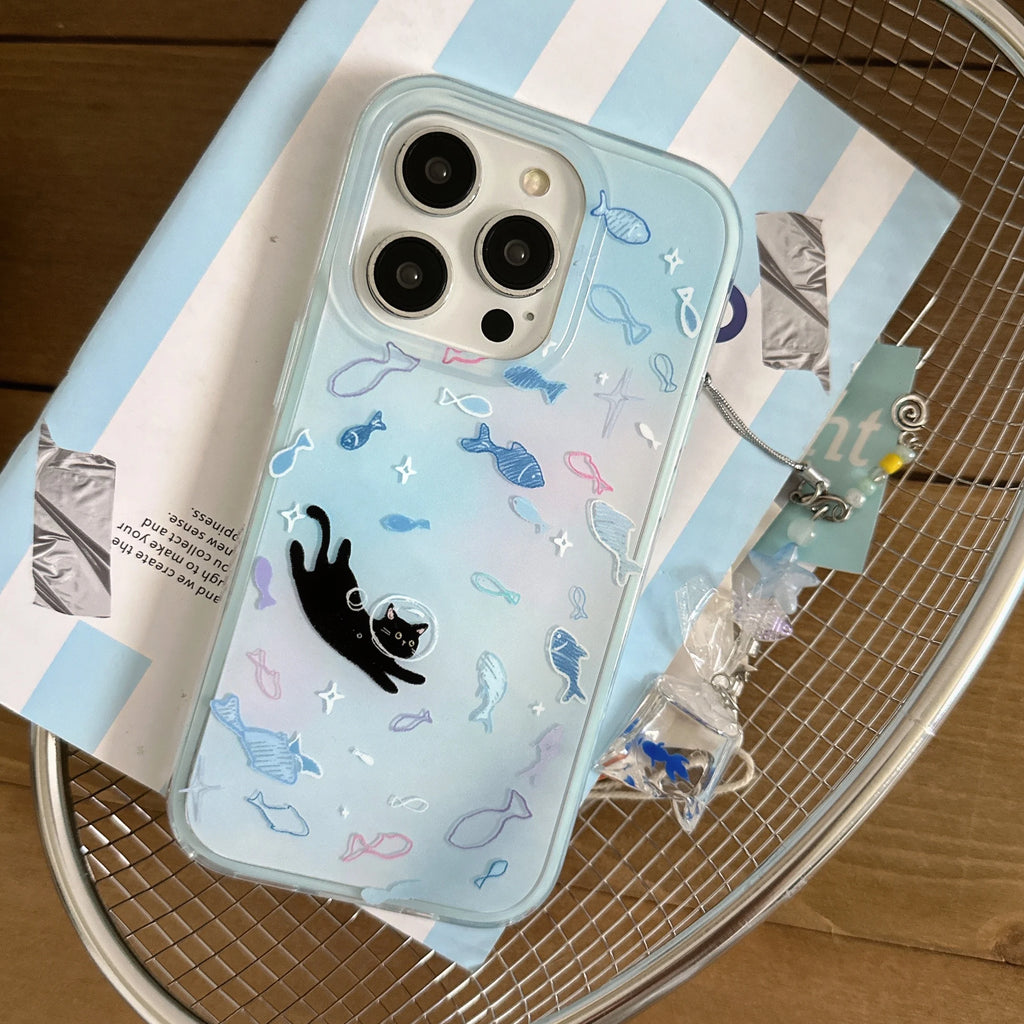 Cute & Dreamy Gradient Blue Colorful Fish & Astronaut Cat Fish Dangle Phone Case for iPhone 17 16 15 14 13 Pro Max Back Cover