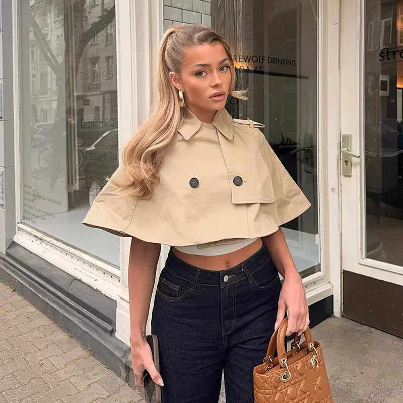 Casual Solid Women's Cope Turn-Down Collar Double Button Solid Lady Cloak 2026 Spring Summer Fashion Female Street Crop Tops New
