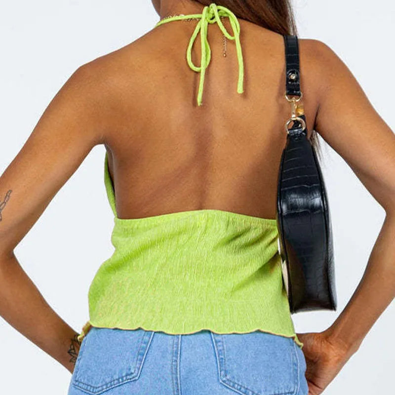 Women Halterneck Crop Tops Summer Solid Color Bandage Open Front Backless Sleeveless Green Tops y2k Streetwear
