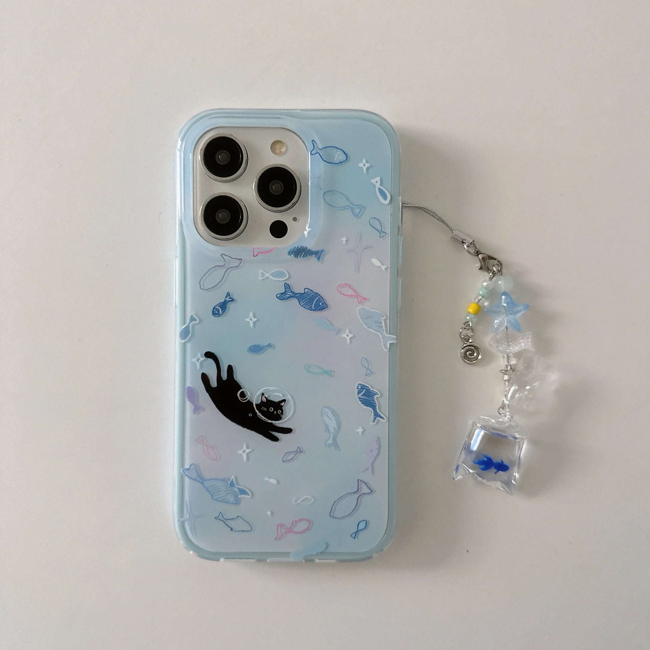 Cute & Dreamy Gradient Blue Colorful Fish & Astronaut Cat Fish Dangle Phone Case for iPhone 17 16 15 14 13 Pro Max Back Cover