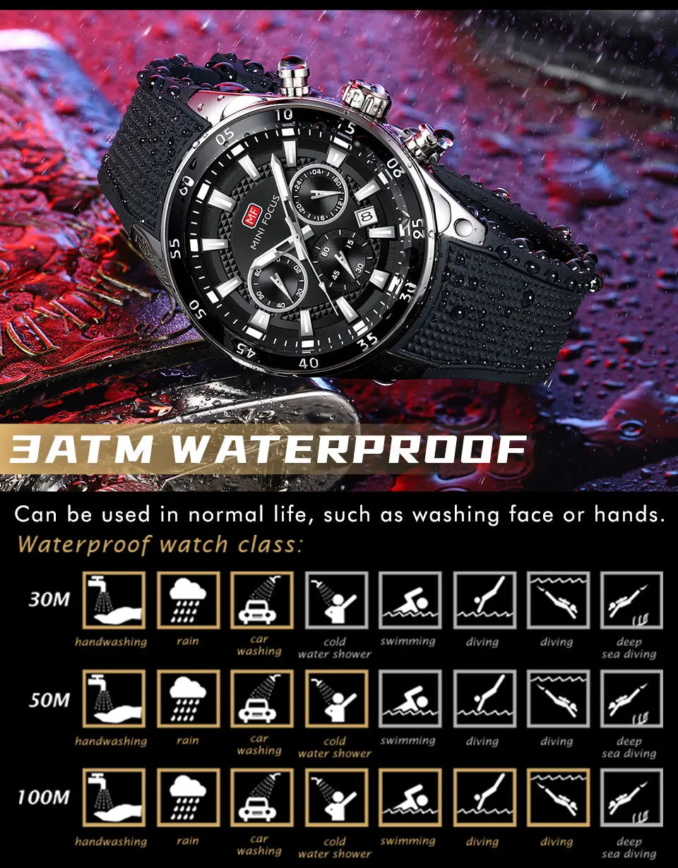 MINI FOCUS Men's Quartz Watch Multifunctional Chronograph Luminous Waterproof Casual Sport Wristwatch with Silicone Strap 0627G
