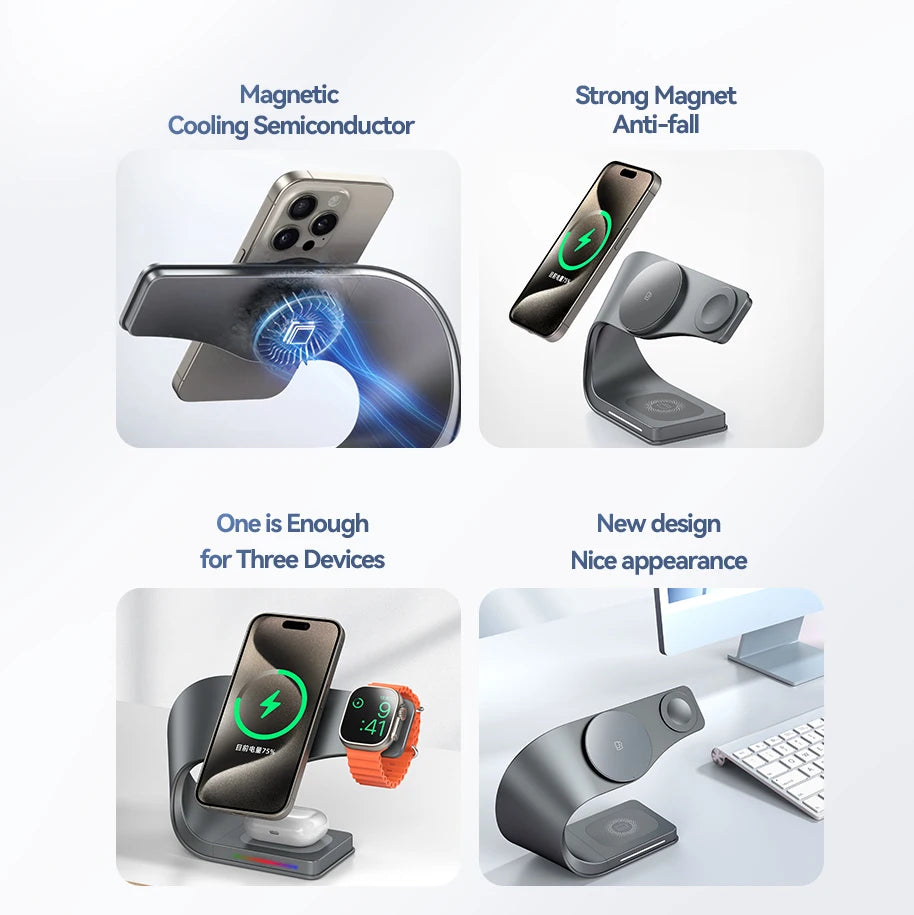 Wireless Charger Stand Metal Shell Magnetic 15W Fast Charging Station Stand for iPhone 12-17 Mobile Phones  Airpods Watch 4 in 1