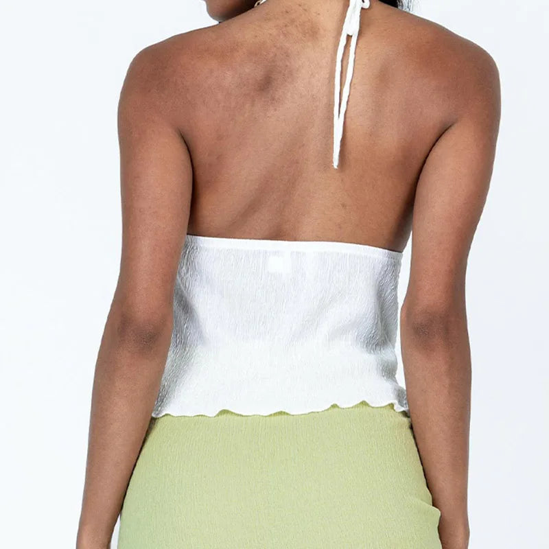 Women Halterneck Crop Tops Summer Solid Color Bandage Open Front Backless Sleeveless Green Tops y2k Streetwear