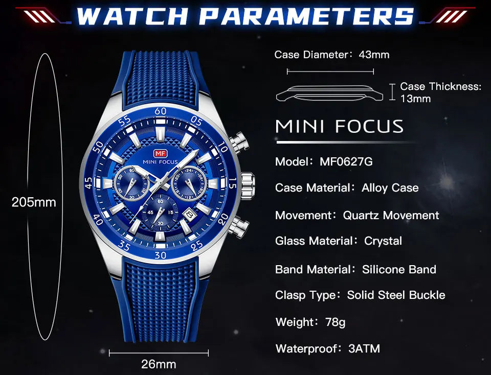 MINI FOCUS Men's Quartz Watch Multifunctional Chronograph Luminous Waterproof Casual Sport Wristwatch with Silicone Strap 0627G