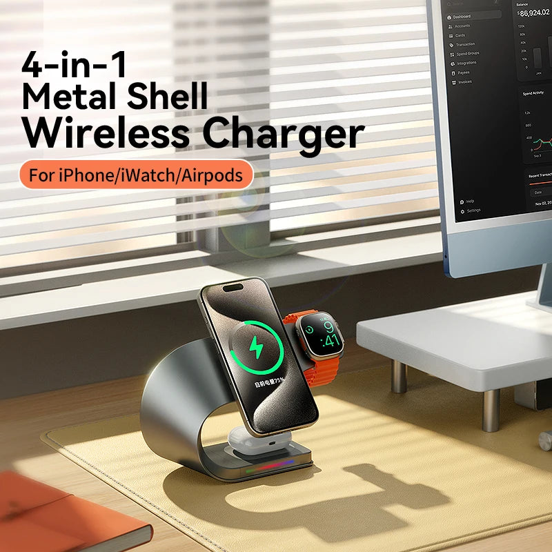 Wireless Charger Stand Metal Shell Magnetic 15W Fast Charging Station Stand for iPhone 12-17 Mobile Phones  Airpods Watch 4 in 1