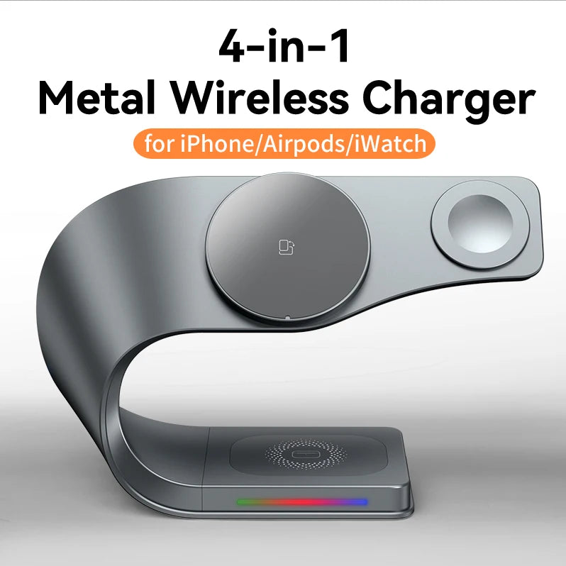 Wireless Charger Stand Metal Shell Magnetic 15W Fast Charging Station Stand for iPhone 12-17 Mobile Phones  Airpods Watch 4 in 1