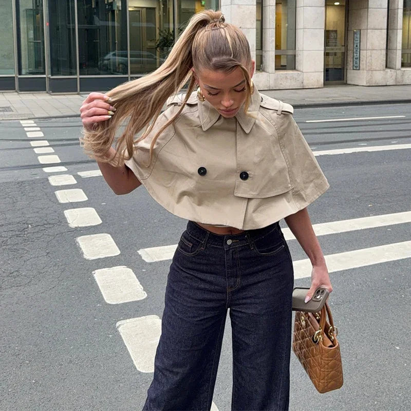 Casual Solid Women's Cope Turn-Down Collar Double Button Solid Lady Cloak 2026 Spring Summer Fashion Female Street Crop Tops New