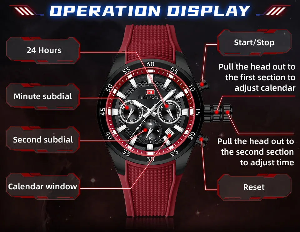 MINI FOCUS Men's Quartz Watch Multifunctional Chronograph Luminous Waterproof Casual Sport Wristwatch with Silicone Strap 0627G