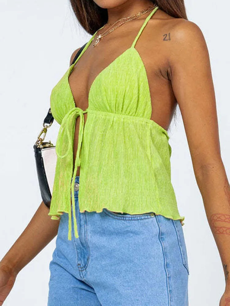 Women Halterneck Crop Tops Summer Solid Color Bandage Open Front Backless Sleeveless Green Tops y2k Streetwear