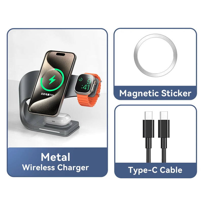 Wireless Charger Stand Metal Shell Magnetic 15W Fast Charging Station Stand for iPhone 12-17 Mobile Phones  Airpods Watch 4 in 1
