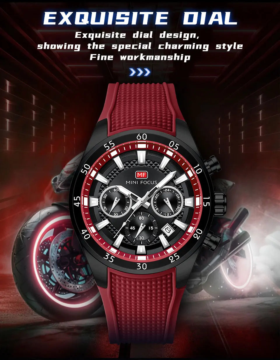 MINI FOCUS Men's Quartz Watch Multifunctional Chronograph Luminous Waterproof Casual Sport Wristwatch with Silicone Strap 0627G