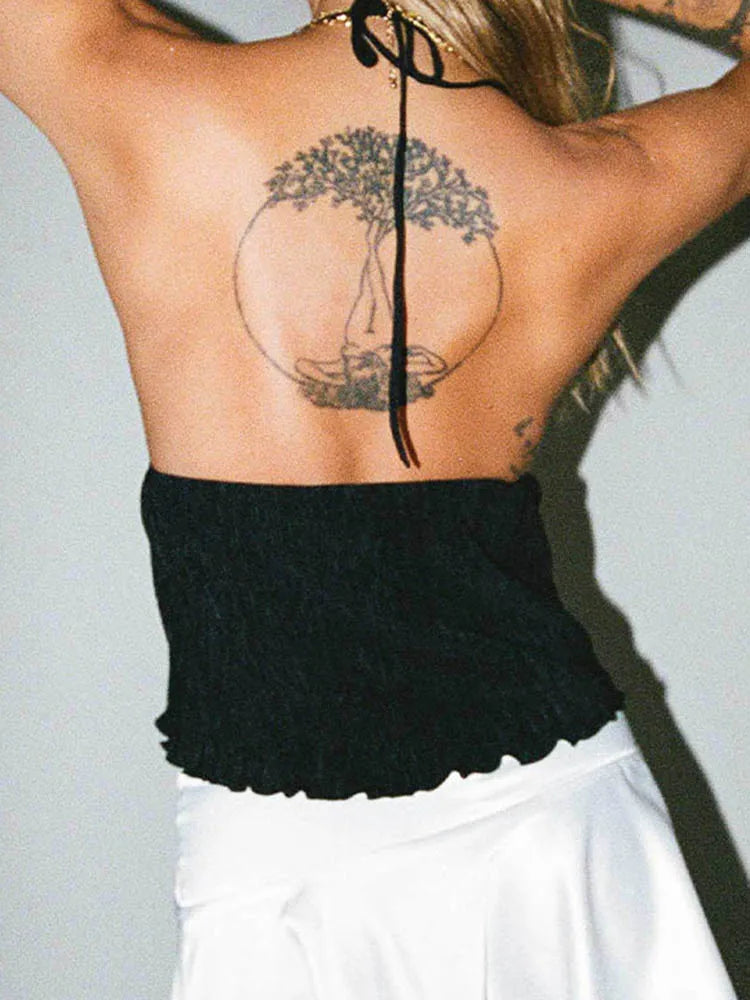 Women Halterneck Crop Tops Summer Solid Color Bandage Open Front Backless Sleeveless Green Tops y2k Streetwear