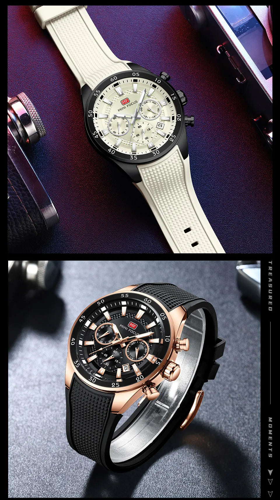 MINI FOCUS Men's Quartz Watch Multifunctional Chronograph Luminous Waterproof Casual Sport Wristwatch with Silicone Strap 0627G