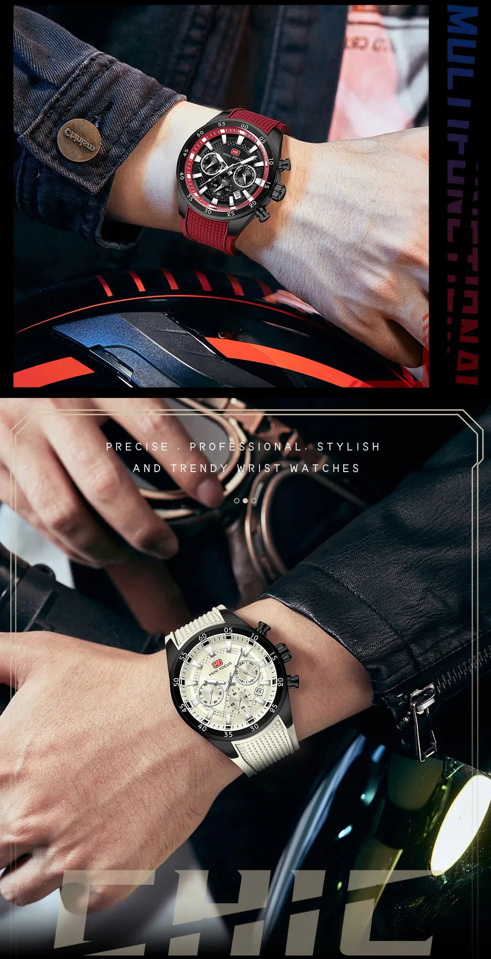 MINI FOCUS Men's Quartz Watch Multifunctional Chronograph Luminous Waterproof Casual Sport Wristwatch with Silicone Strap 0627G