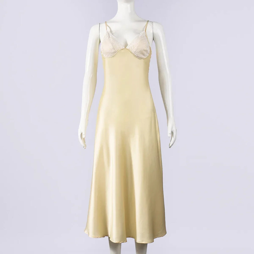 Satin Sexy Lace Spliced Maix Sling Dress Women Sleeveless Backless Yellow Vacation Vestidos 2026 Fashion Summer Lady Dresses﻿