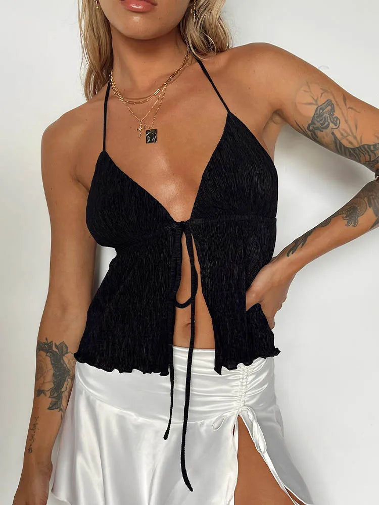 Women Halterneck Crop Tops Summer Solid Color Bandage Open Front Backless Sleeveless Green Tops y2k Streetwear
