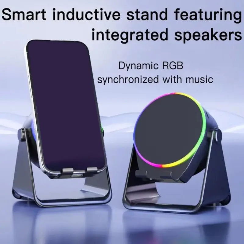 4-in-1 Portable Induction Bluetooth Speaker 360 Degree Rotatable Phone Stand Color Ambient Light Desk Audio Compatible With iPhone Android