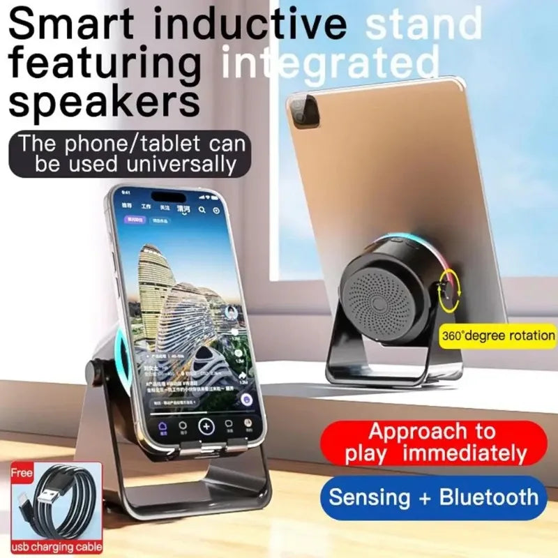 4-in-1 Portable Induction Bluetooth Speaker 360 Degree Rotatable Phone Stand Color Ambient Light Desk Audio Compatible With iPhone Android