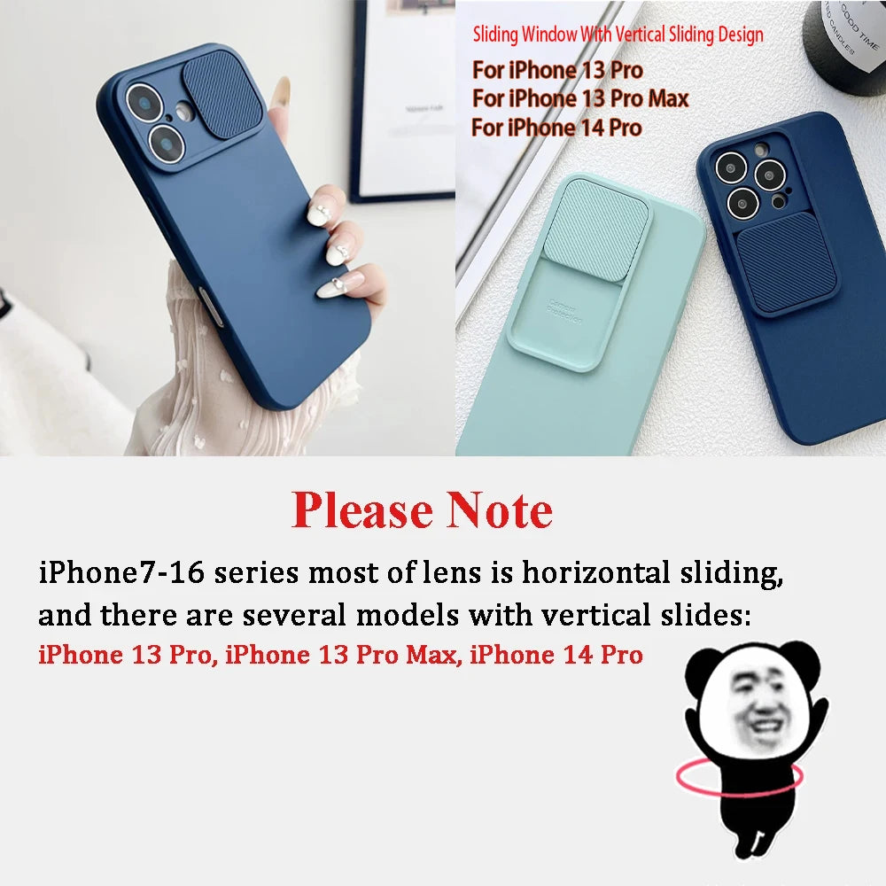 Slide Camera Lens Protection Soft Silicone Case For iPhone 16 15 14 Plus 13 12 11 Pro X XS XR Max 8 7 SE Shockproof Bumper Cover