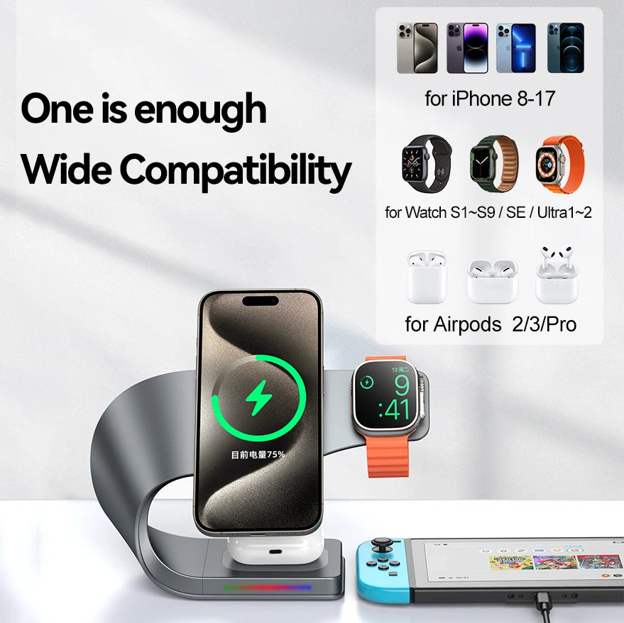 Wireless Charger Stand Metal Shell Magnetic 15W Fast Charging Station Stand for iPhone 12-17 Mobile Phones  Airpods Watch 4 in 1