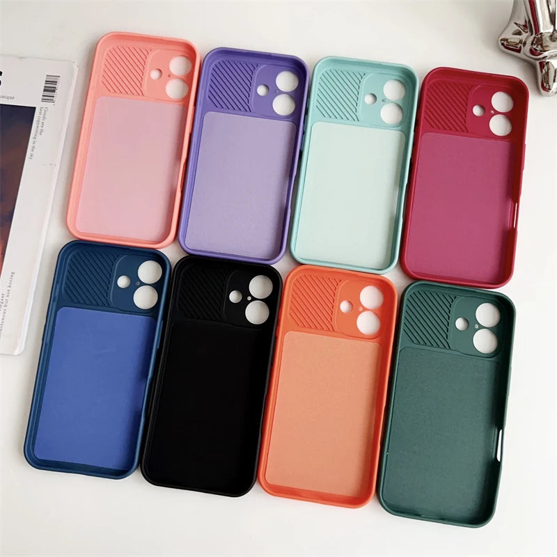 Slide Camera Lens Protection Soft Silicone Case For iPhone 16 15 14 Plus 13 12 11 Pro X XS XR Max 8 7 SE Shockproof Bumper Cover