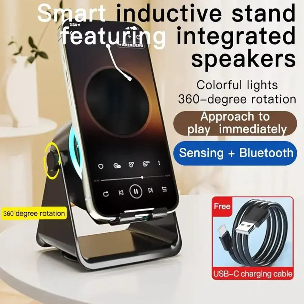 4-in-1 Portable Induction Bluetooth Speaker 360 Degree Rotatable Phone Stand Color Ambient Light Desk Audio Compatible With iPhone Android
