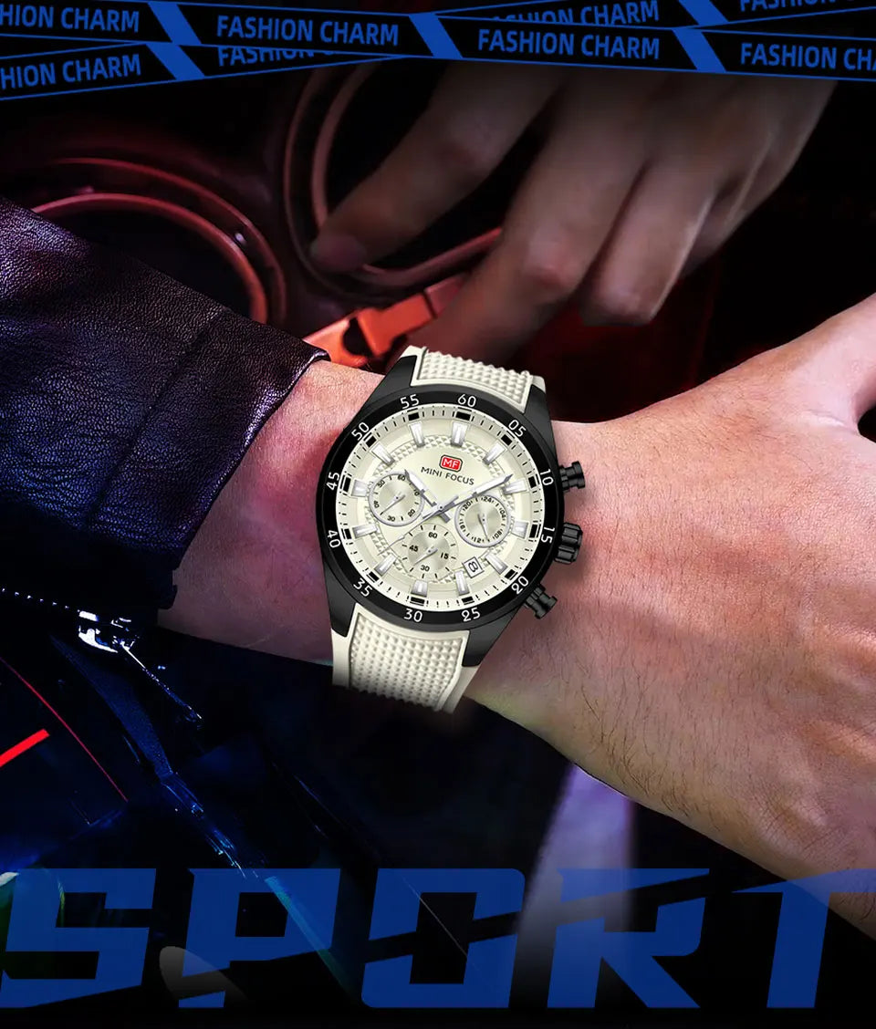 MINI FOCUS Men's Quartz Watch Multifunctional Chronograph Luminous Waterproof Casual Sport Wristwatch with Silicone Strap 0627G