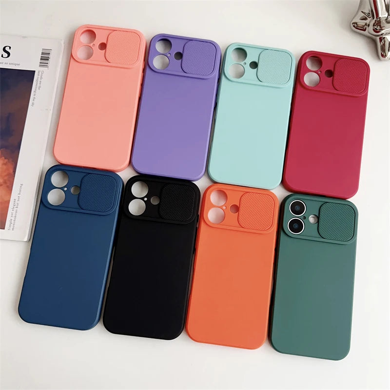 Slide Camera Lens Protection Soft Silicone Case For iPhone 16 15 14 Plus 13 12 11 Pro X XS XR Max 8 7 SE Shockproof Bumper Cover