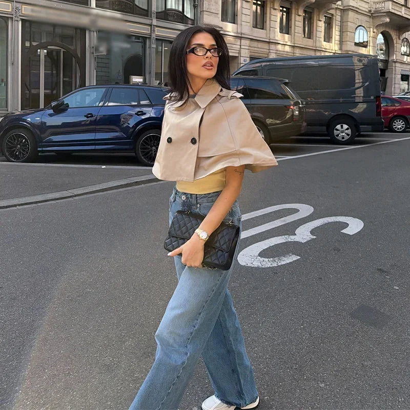 Casual Solid Women's Cope Turn-Down Collar Double Button Solid Lady Cloak 2026 Spring Summer Fashion Female Street Crop Tops New