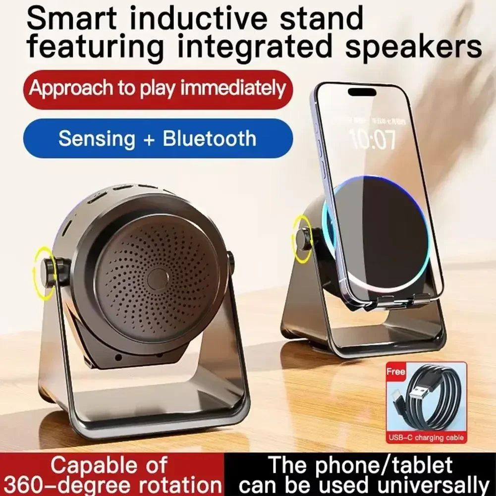 4-in-1 Portable Induction Bluetooth Speaker 360 Degree Rotatable Phone Stand Color Ambient Light Desk Audio Compatible With iPhone Android