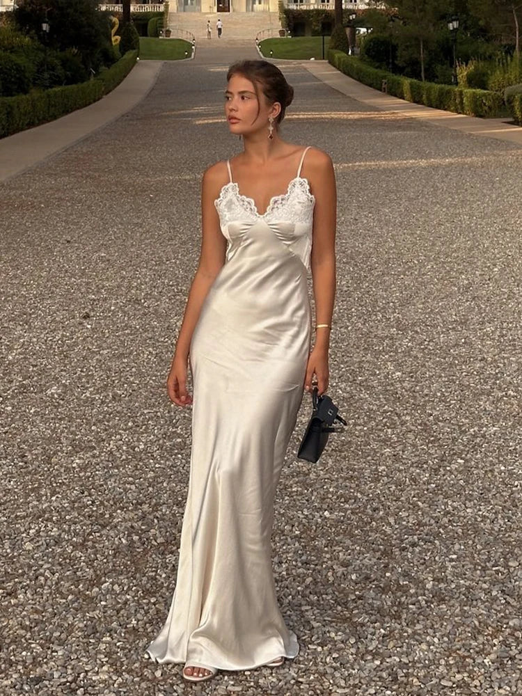 Satin Sexy Lace Spliced Maix Sling Dress Women Sleeveless Backless Yellow Vacation Vestidos 2026 Fashion Summer Lady Dresses﻿