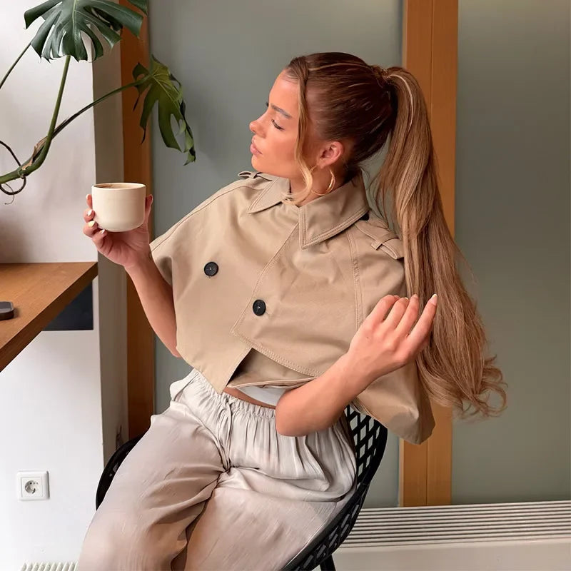 Casual Solid Women's Cope Turn-Down Collar Double Button Solid Lady Cloak 2026 Spring Summer Fashion Female Street Crop Tops New