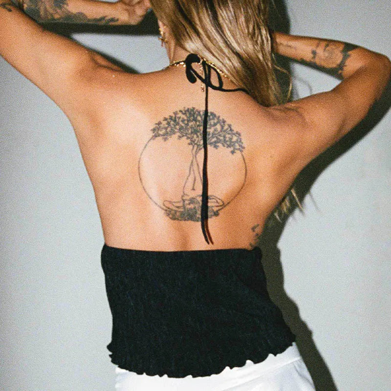 Women Halterneck Crop Tops Summer Solid Color Bandage Open Front Backless Sleeveless Green Tops y2k Streetwear