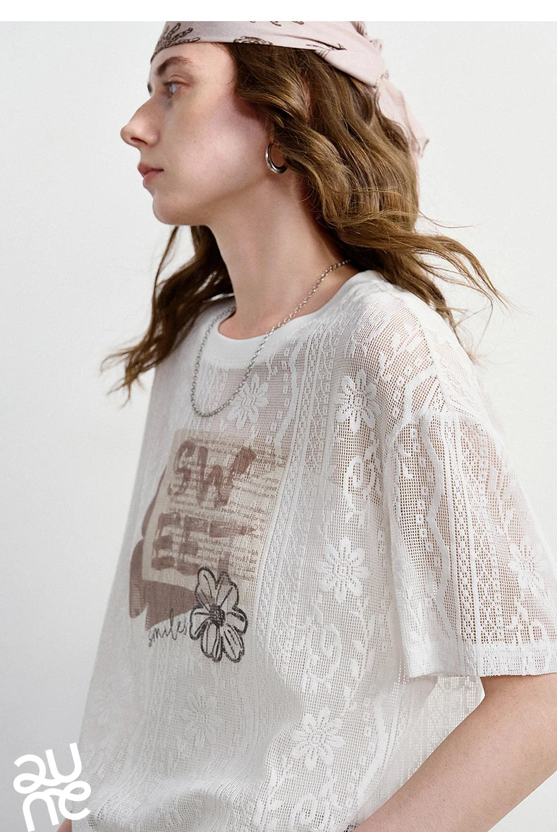 TOYOUTH Women Lace Sheer T-Shirt 2026 Summer New Letter Flower Print Loose Drop Shoulder Fashion Pullover Tops