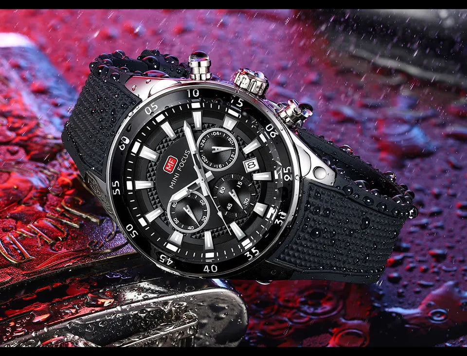 MINI FOCUS Men's Quartz Watch Multifunctional Chronograph Luminous Waterproof Casual Sport Wristwatch with Silicone Strap 0627G