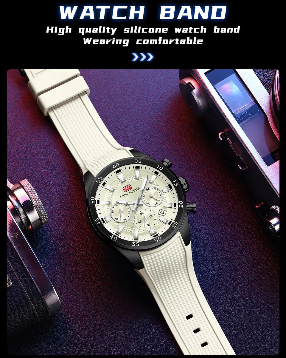 MINI FOCUS Men's Quartz Watch Multifunctional Chronograph Luminous Waterproof Casual Sport Wristwatch with Silicone Strap 0627G