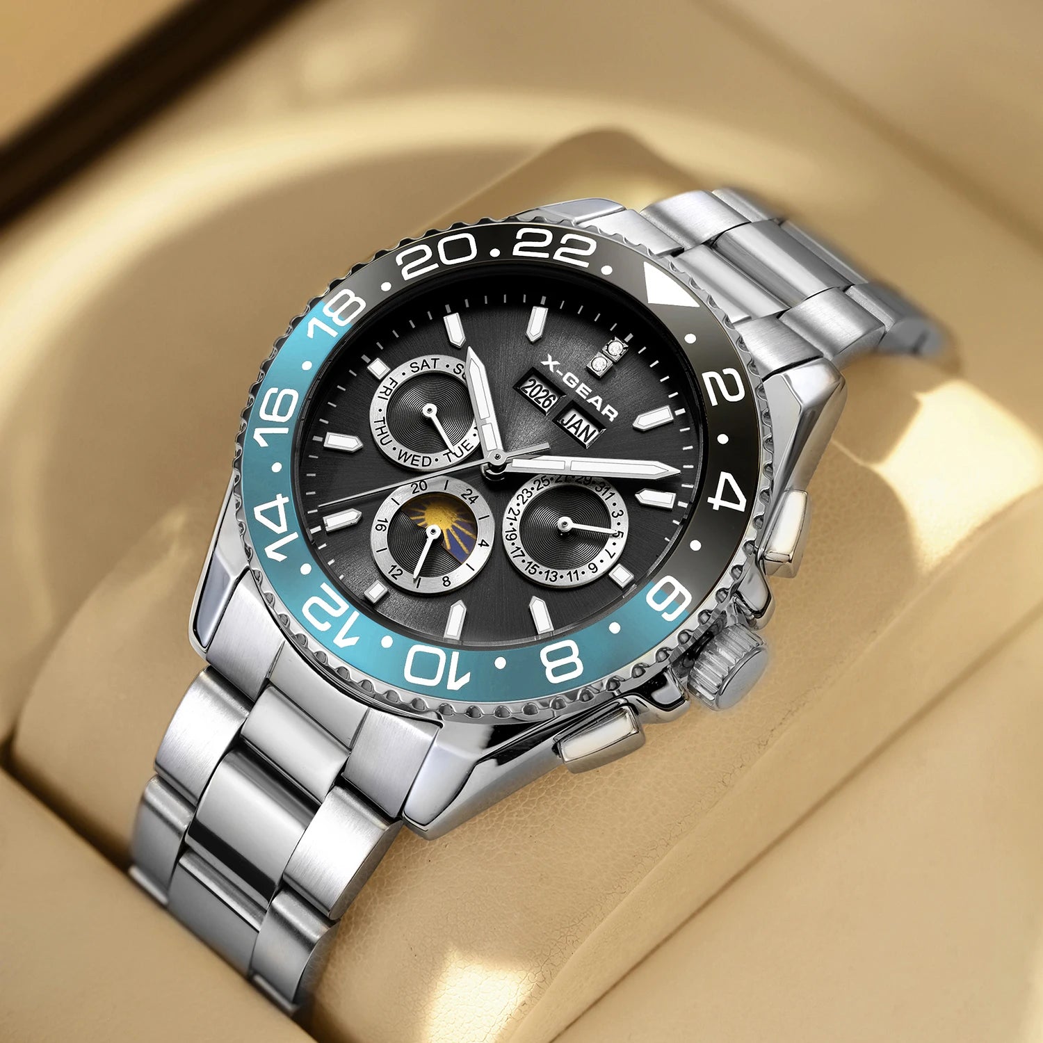 Montre Automatique Homme Black & Blue Bezel 42mm Mechanical Watch Stainless Steel Bracelet 50m Water Waterproof