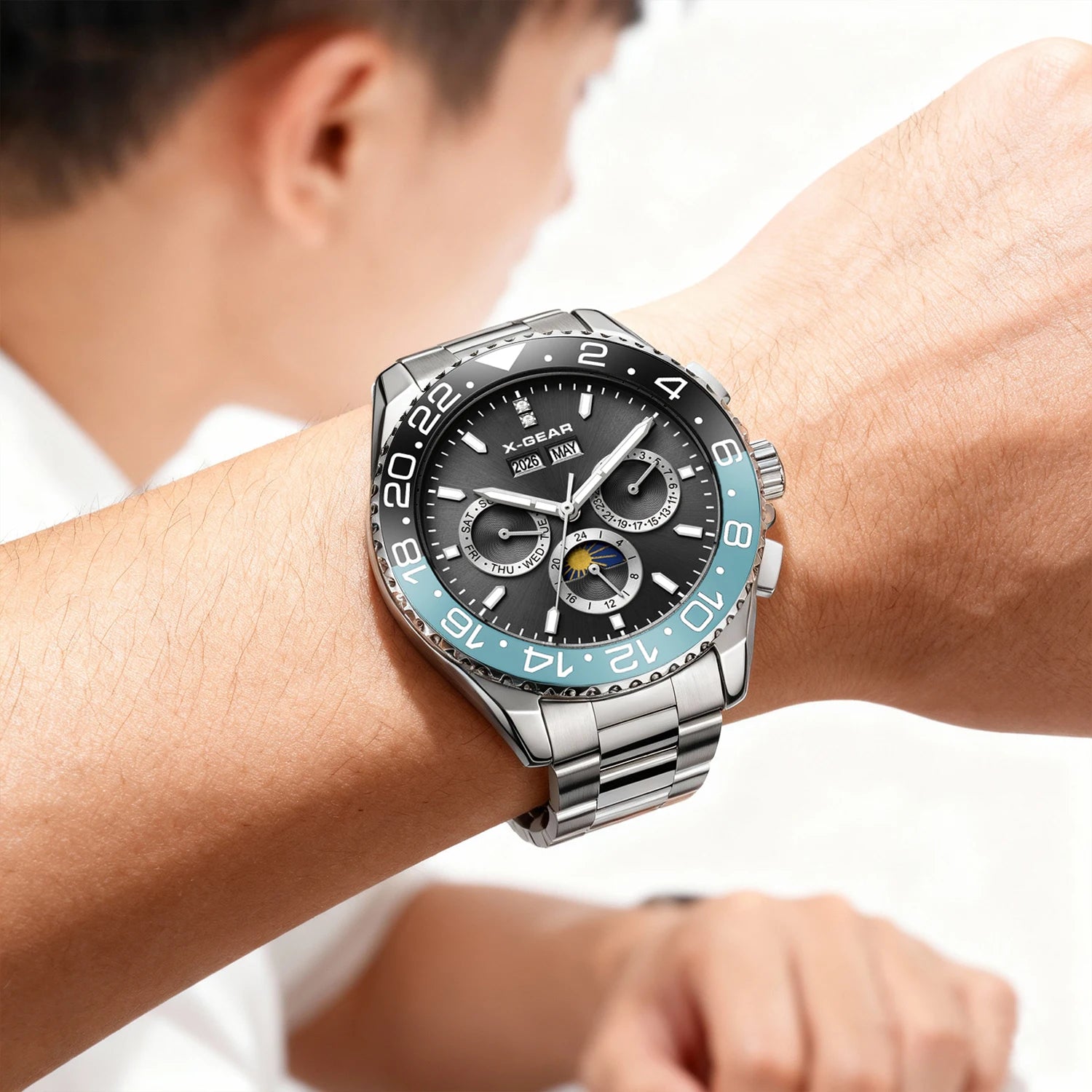 Montre Automatique Homme Black & Blue Bezel 42mm Mechanical Watch Stainless Steel Bracelet 50m Water Waterproof