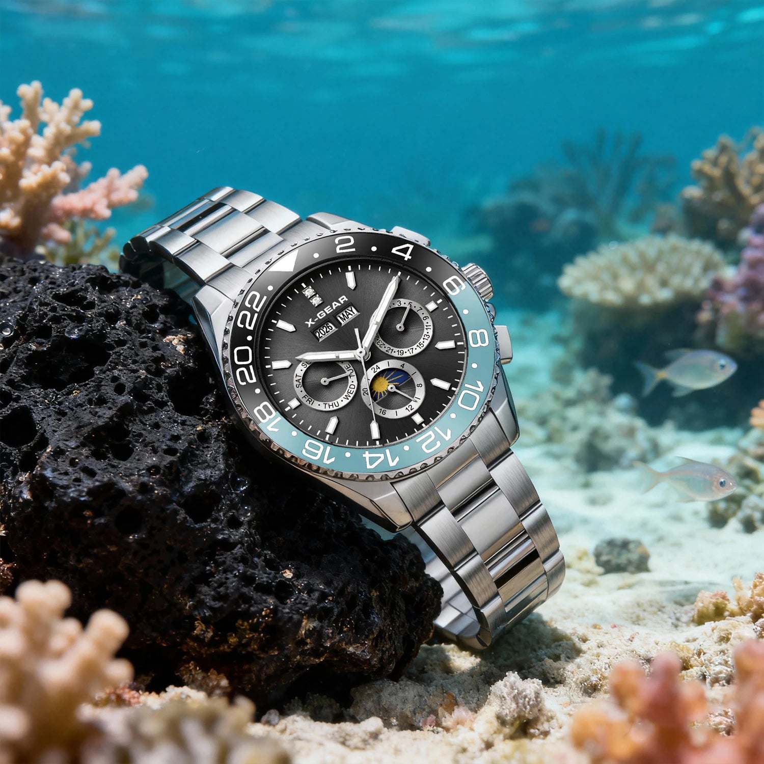 Montre Automatique Homme Black & Blue Bezel 42mm Mechanical Watch Stainless Steel Bracelet 50m Water Waterproof
