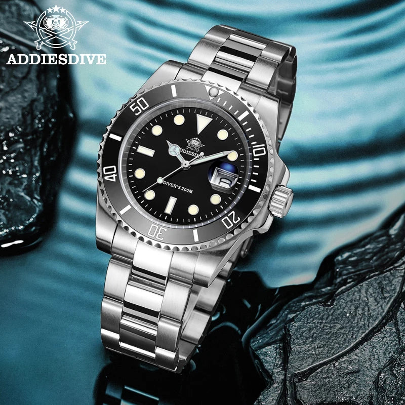 ADDIESDIVE Classic Men's Business and Leisure Quartz Watch 200m Waterproof 316L Stainless Steel Sports Night Light Diving Watch